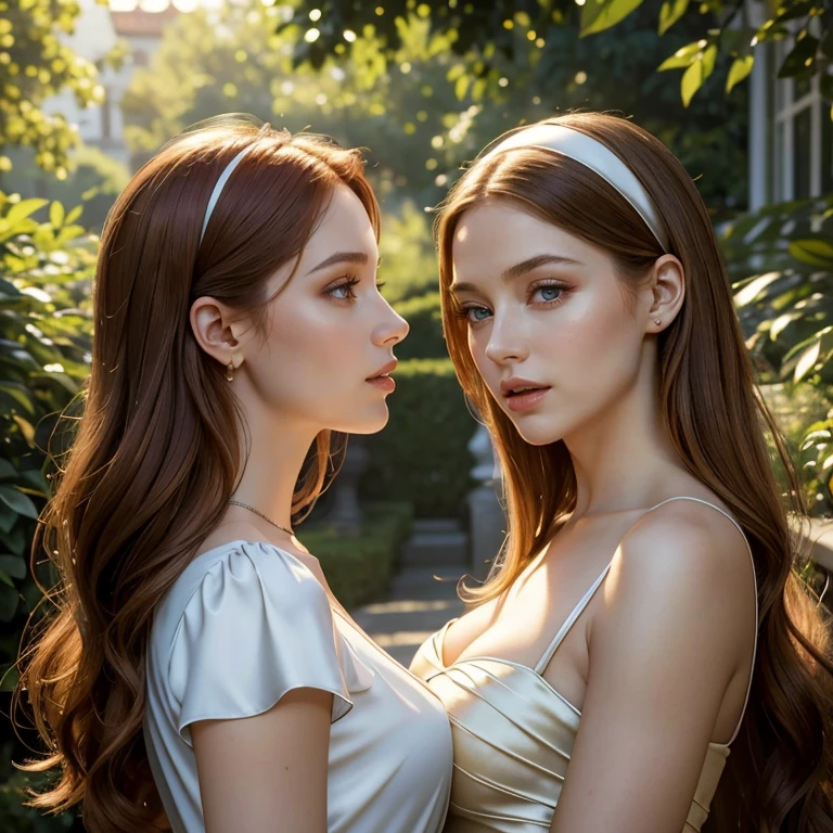 (masterpiece, best quality:1.5), highest quality, High resolution, super detailed, Realists, Full body photo of redhead woman, long open straight hair, detailed and beautiful eyes, beautiful detailed lips, very detailed eyes and face, longeyelashes, Woman in red and silver short airy dress made of shiny satin fabric, Beautiful and colorful makeup, elegant and noble々Pose, Satin headbands and jewelry, Gardens as background, soft daylight, bright colors, fine brushstrokes, Portrait style, Plain dress fabric, beautiful color palette, glowing skin, First-class rendering, that captures every detail, enchanting atmosphere, subtle shadows and lights, (perfect anatomy:1.2), (Two stunning women with their mouths open, Surprised look.