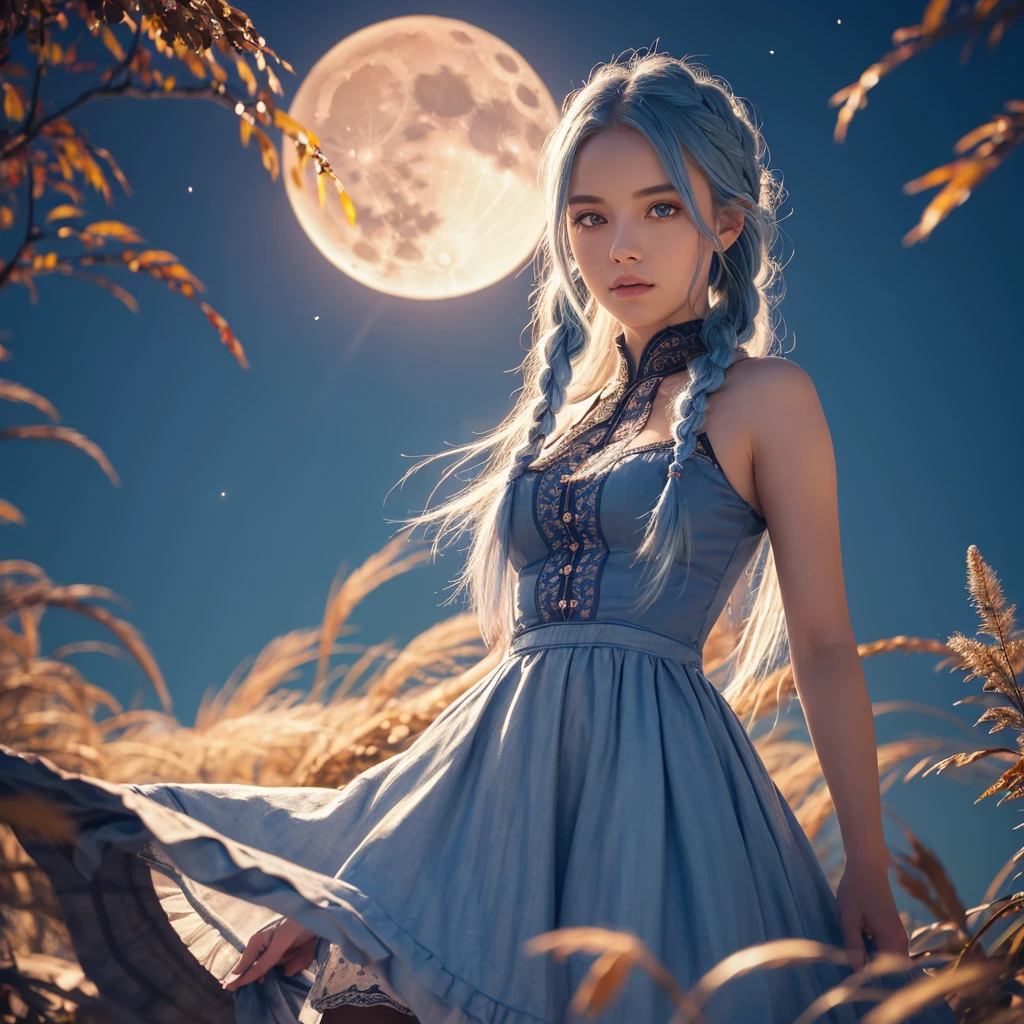 (Braiding),(Sky blue hair), (Pink eyes),(Fair skin) ,(whole body),(One Girl),(harvest moon),(A large amount of Miscanthus sinensis in the background),autumn,(full moon),(masterpiece, Highest quality, Very detailed, Best Shadow), (Detailed Background), (Beautifully detailed face), High Contrast, (Best lighting, Very delicate and beautiful), ((Cinematic Light)), Hyper Detail,8k, Dramatic Light, Intricate details