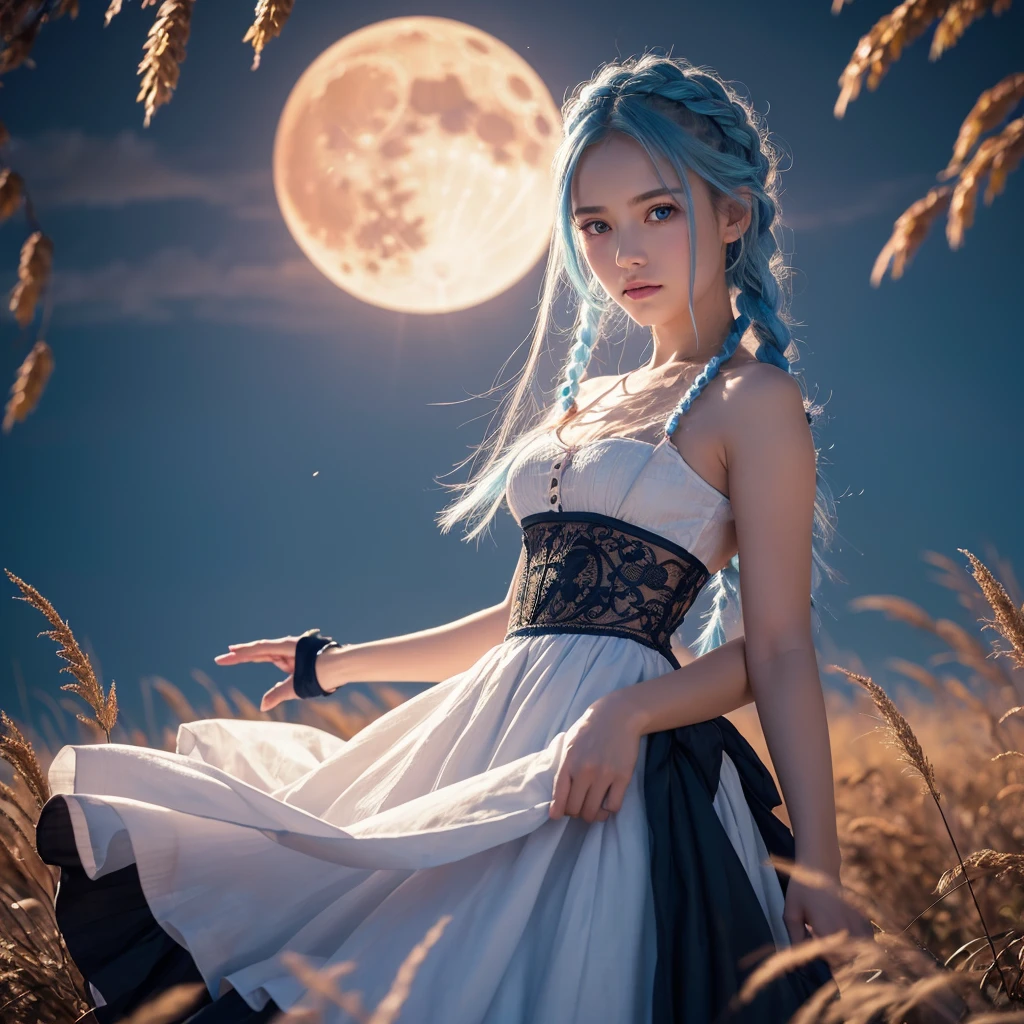 (Braiding),(Sky blue hair), (Pink eyes),(Fair skin)  ,(whole body),(One Girl),(harvest moon),(A large amount of Miscanthus sinensis in the background),autumn,(full moon),(masterpiece, Highest quality, Very detailed, Best Shadow), (Detailed Background), (Beautifully detailed face), High Contrast, (Best lighting, Very delicate and beautiful), ((Cinematic Light)), Hyper Detail,8k, Dramatic Light, Intricate details