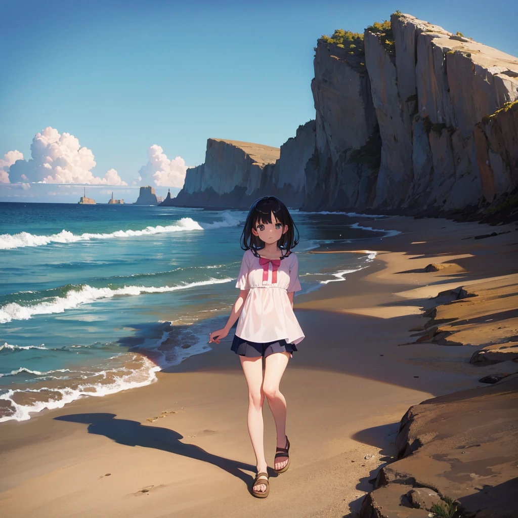 cute girl, Coast, wearing a blouse up to the legs, with a background of a deserted place.