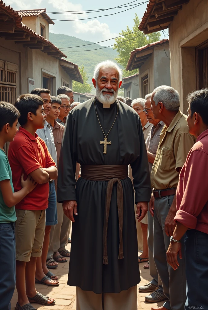 elderly Spanish priest with poor people, children, women, elderly and young people in a popular neighborhood of Asunción