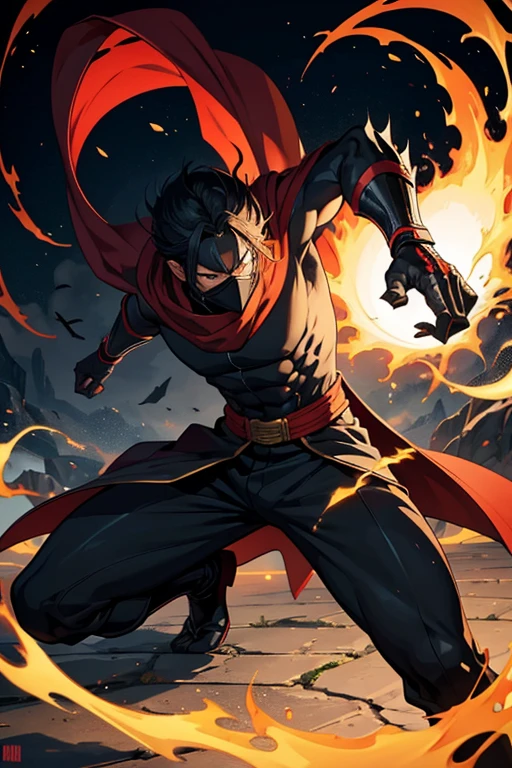 He wears a traditional ninja outfit, predominantly black, adorned with subtle red accents that symbolize the influence of the symbiote that accompanies him. The fabric is light and flexible, allowing him to move with impressive agility and utilize his combat skills with complete freedom. The nine tails that extend behind him swing gracefully, each movement reflecting his dexterity and power. His figure is that of an attractive young man, endowed with an athletic physique and fair skin that shines in the sunlight. His long, silky hair flows like water; usually black or deep brown, but reveals reddish or golden hues when illuminated by sunlight. To complement his elegant and agile appearance, he wears a light overcoat or kimono that flows around him as he moves, giving him a mystical and powerful aura. He has a red scarf that covers his face because of the influence of the symbiote.