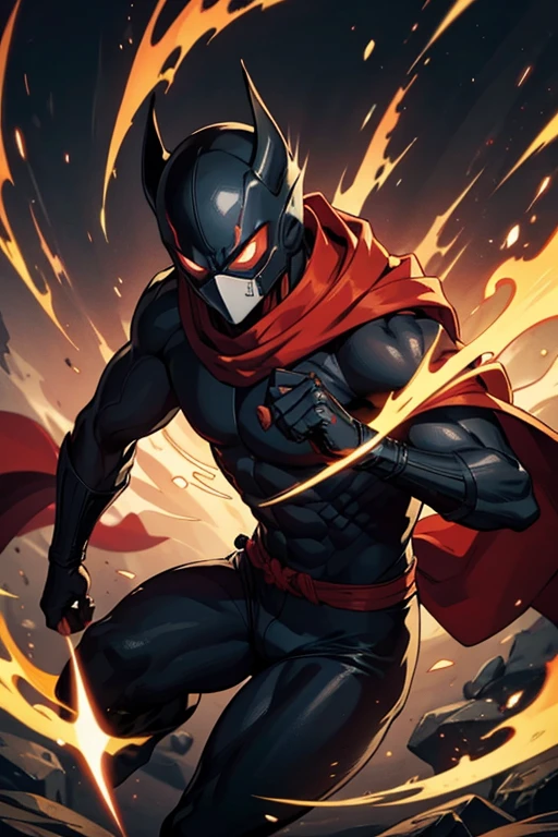 He wears a traditional ninja outfit, predominantly black, adorned with subtle red accents that symbolize the influence of the symbiote that accompanies him. The fabric is light and flexible, allowing him to move with impressive agility and utilize his combat skills with complete freedom. The nine tails that extend behind him swing gracefully, each movement reflecting his dexterity and power. His figure is that of an attractive young man, endowed with an athletic physique and fair skin that shines in the sunlight. His long, silky hair flows like water; usually black or deep brown, but reveals reddish or golden hues when illuminated by sunlight. To complement his elegant and agile appearance, he wears a light overcoat or kimono that flows around him as he moves, giving him a mystical and powerful aura. He has a red scarf that covers his face because of the influence of the symbiote.