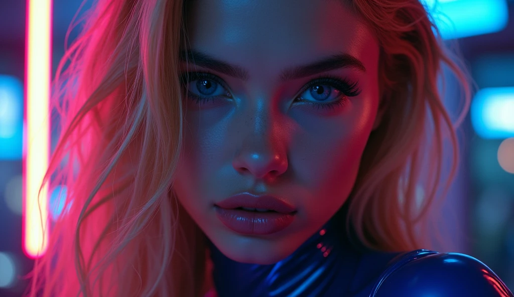 ((best quality)), ((masterpiece)), (detailed), ((background Cyber)), wet look, ((blond long Hair)), ((Intricate detailing, in the night time, Contre-Jour, random neon color, View from afar, random pose, blue latex bodysuit, face focus, hell picture, light face, big boobs)), (face brightly lit)