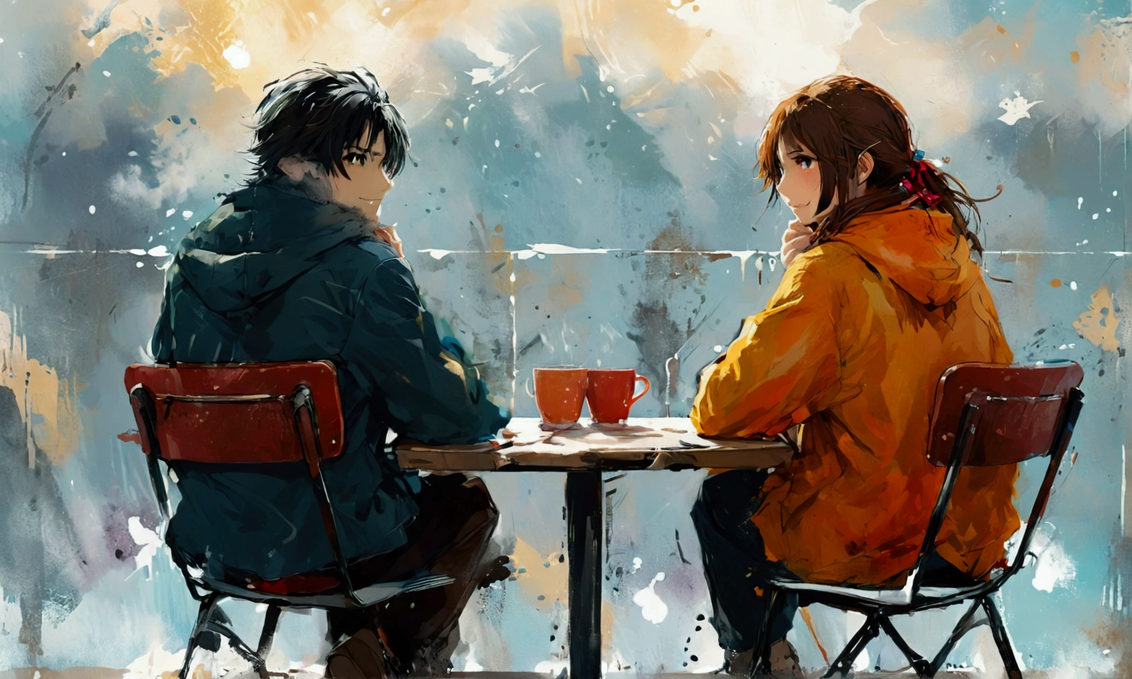 TWO FRIENDS TALKING SITTING ON A CHAIR IN FRONT OF A TABLE,manga style art