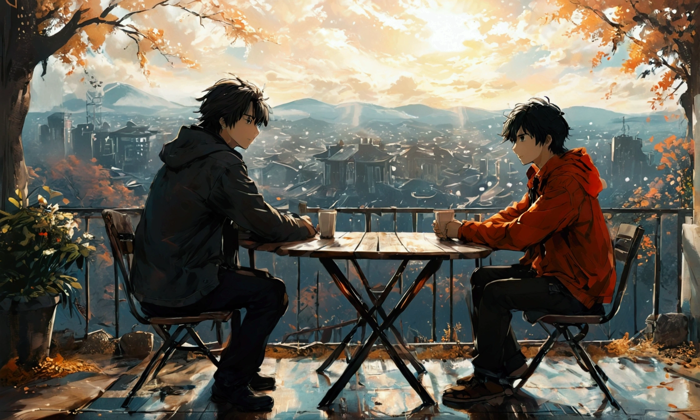 TWO FRIENDS TALKING SITTING ON A CHAIR IN FRONT OF A TABLE,manga style art