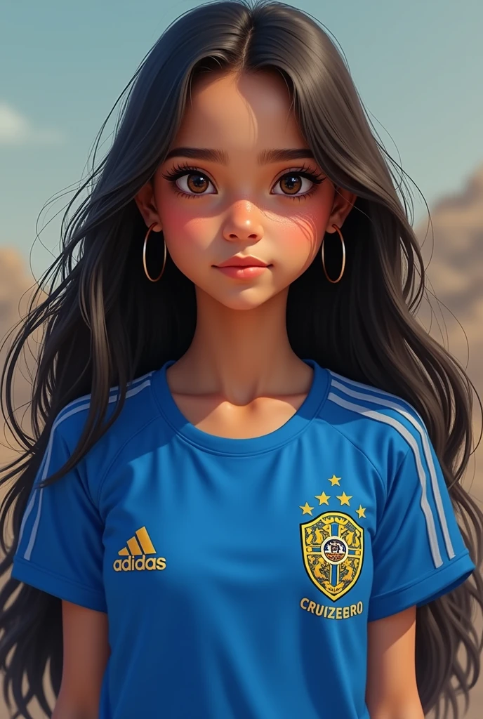 Brazilian Girl with straight long dark hair, wearing an adidas blue shirt with south Cruzeiro on the right side