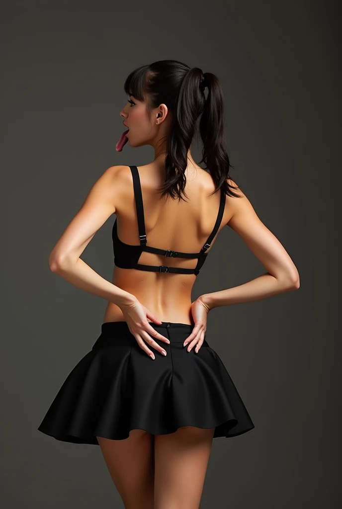 a dark hair woman with a black skirt off, with a white panties, with ponytails dancing, view from back,
looking back, the tongue out, the arms joined in her back