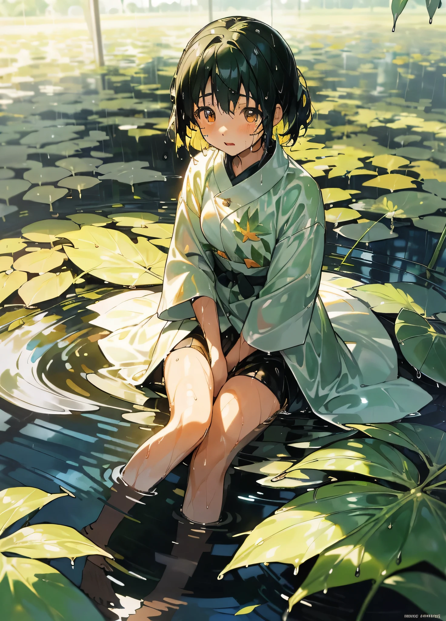 girl, anime『My Favorite 』Kana Arima, (After the Rain:1.5), Sitting in a puddle, (at night, Shine星:1.3), (Flower Field, Shine, bloom, Chromatic, colorful:1.3), (Wet leaves:1.8)