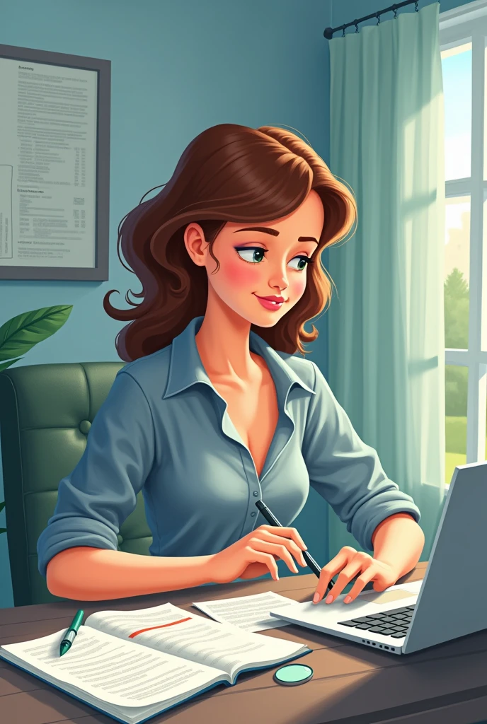 copywriter at work, Woman with laptop, around the letters, Control survey. realistic bright creative photo, 8 K, illustration