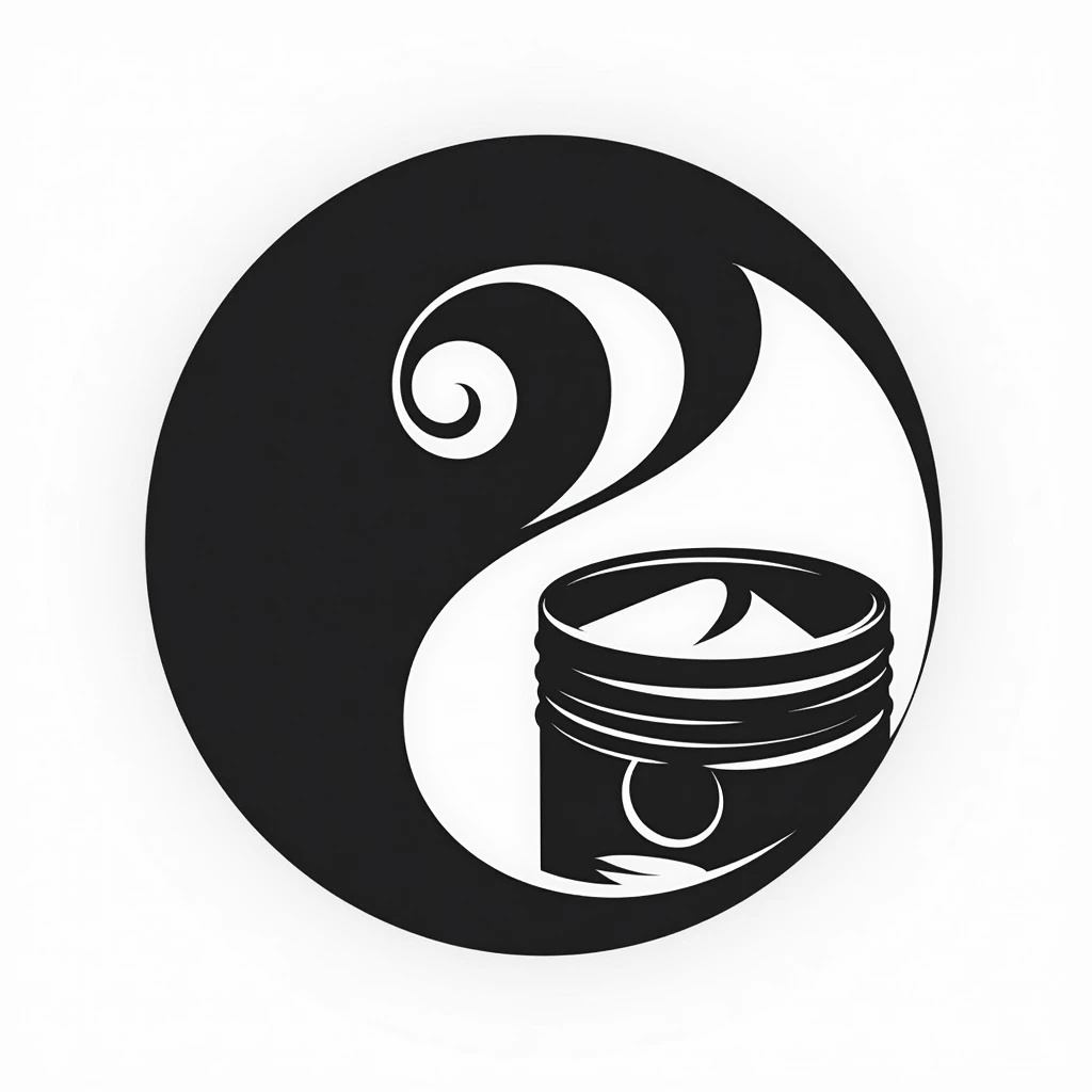 make an image in black and white, referencing the Yin-yang symbol, using a car piston and a car coil for a mechanical company logo. I want the image with dimensions of 1920x1080 pixels