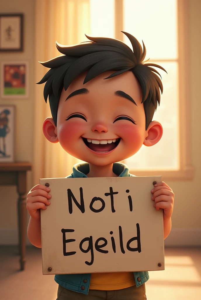 12 year old deaf fatty boy, light skin, dark short hair, smiling while holding a sign
