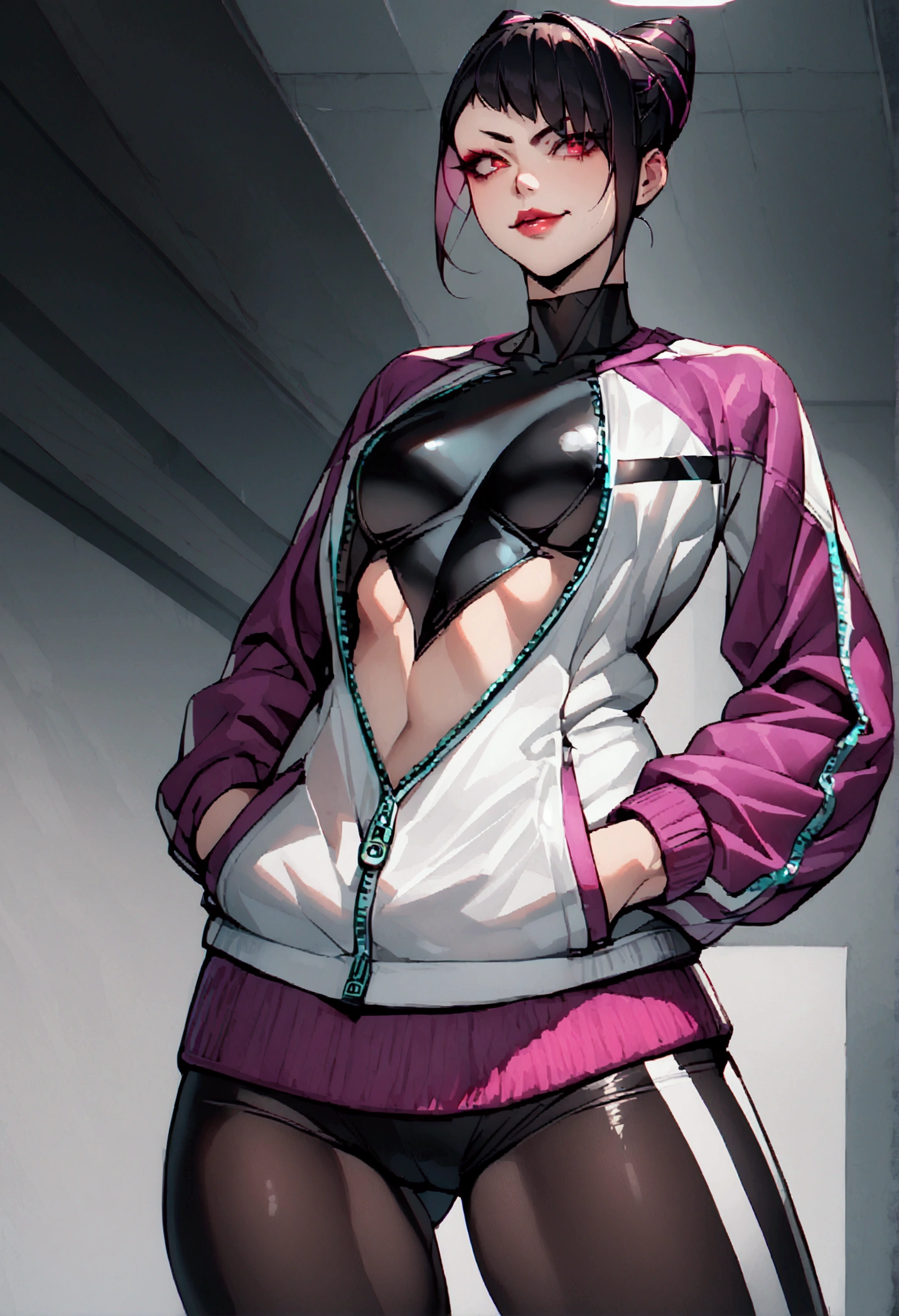 beautiful young fitness woman with , in a gym wearing May with black pantyhose, white and purple fitted gym jacket. standing alone,red eyes glowing,Evil smile,legging preto ,lips,dark eyeshadow,glare eyes,hands in pockets,necklase,half open jacket zipper,Tight black shirt,white sports sneakers,short hair with purple details,beautiful curves,all-body
