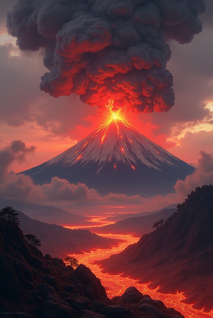 (best quality,4k,8k,highres,masterpiece:1.2), ultra detailed, (realistic,photorealistic,photo-realistic:1.37), HDR,UHD,studio lighting,ultra-fine painting,sharp focus,physically-based rendering,extreme detail description,professional,vivid colors,bokeh,landscape,volcanic island,giant volcano,front view,smoke rising up to the sky,magma raging,teeming with fiery details,crimson lava flowing,fiery glow illuminating the surroundings,ominous atmosphere,seas of molten rock,steaming vents and fumaroles,striking contrast between the fiery volcano and the serene landscape,awe-inspiring spectacle,stormy clouds swirling above,lucent colors of the sunset casting a vibrant hue,sublime beauty of the natural world,breath-taking vista stretching into the horizon,dangerously beautiful scenery,overwhelming sense of power and majesty,evocative scene begging to be captured in paint or photograph,mesmerizing display of nature's raw energy.