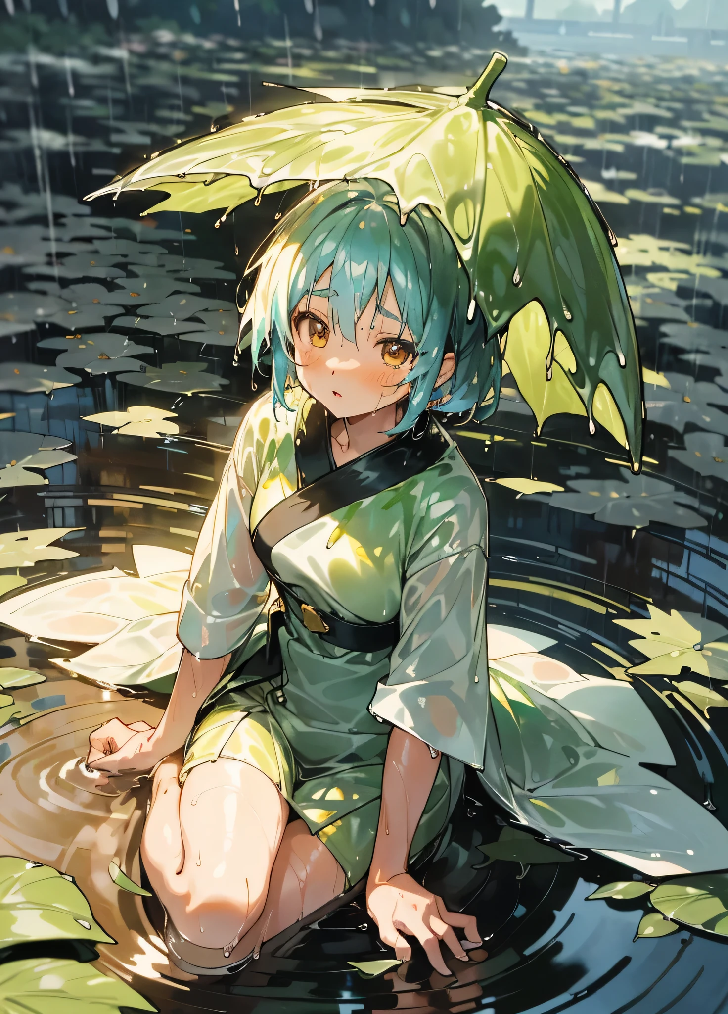 girl, anime『My Favorite 』Kana Arima,  (After the Rain:1.5), Sitting in a puddle, (at night, Shine星:1.3), (Flower Field, Shine, bloom, Chromatic, colorful:1.3), (Wet leaves:1.8)