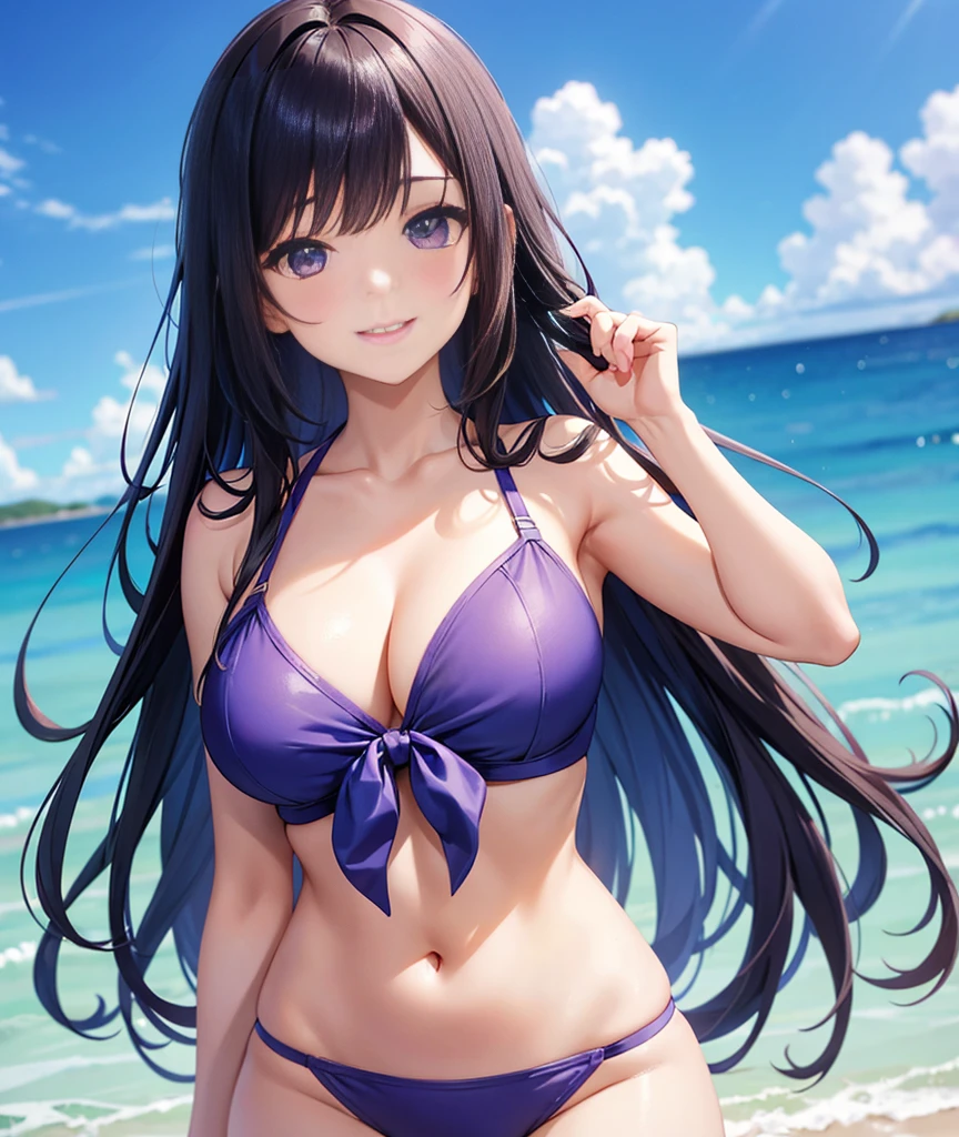 The image shows a young woman with long dark hair and bangs, smiling at the camera. She is wearing a blue and purple gradient bikini top sealing her big brest . The background appears to be a light blue sky or plain backdrop. Let me know if you'd like me to describe any other details about what I can see in the image.