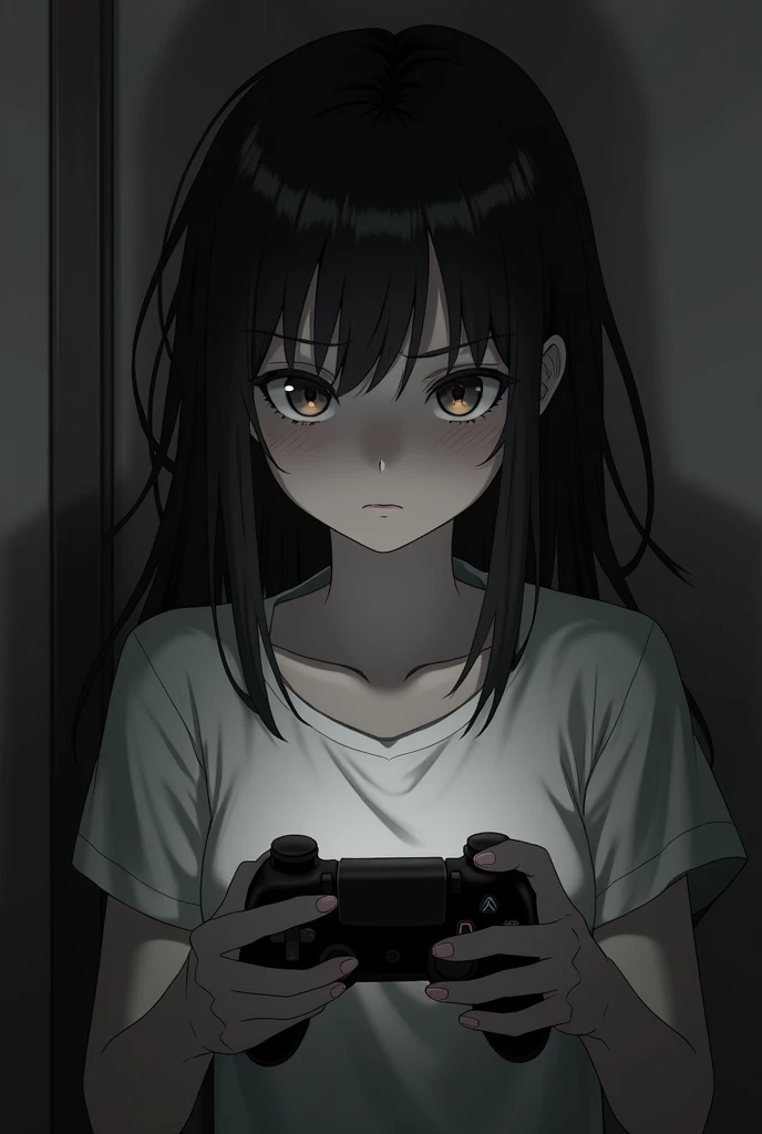 Depressed, sad, black and white, anime girl, gaming, holding a controller 