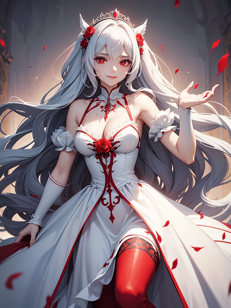 woman, red eyes, white long wavy hair, noble, like prince, sadistic smile, queen. her front hair is tied up. her. where dress like princess or queen. she sadistic and cruel women. like a strong Knight women. like fallen angel. she is the evil queen. wearing flowers on her head. her dress is stained with blood