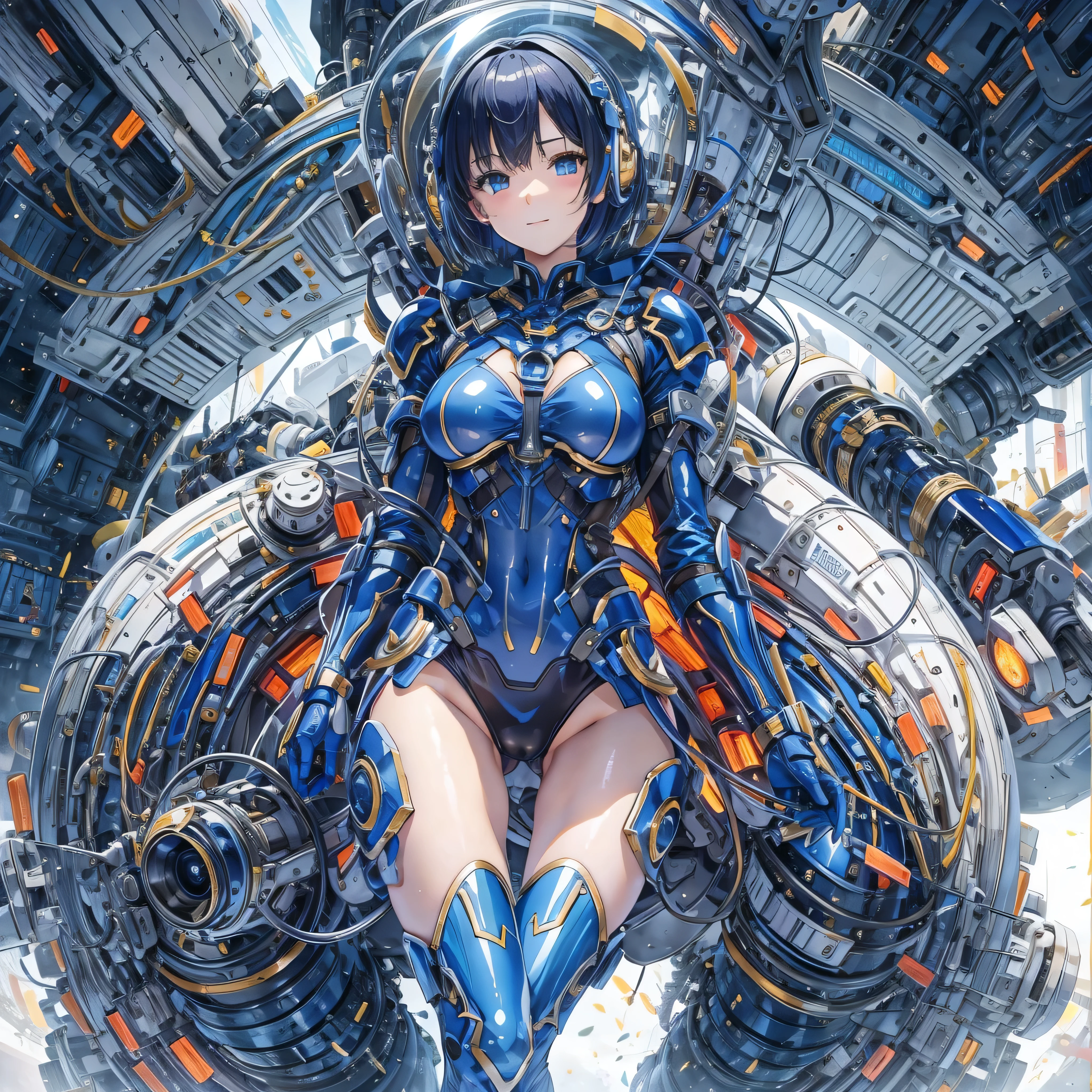(masterpiece、Highest quality、Highest Resolution、Clear_image、Detailed details、Angle from above): (Whole body、One 20 year old girl、Japanese Faces、Small Face、Slender、Navy blue super short bob cut hair、(Hidden small breasts:1.3)、Sparkling blue eyes、Shiny pilot suit in blue and black colors、Chest protection armor、Tight fitting clothes、Clothing that covers the whole body、Glamorous clothes、Tight Fit Pants、Hide your skin、Very delicate and beautiful、Detailed Skin、hide thighs、Hide your ass、Cute、A gentle smile、Soft expression、heroine、headset、Knee-high boots、Elbow-length gloves、Eye Level Shot、Face directly、Woman on a spaceship)