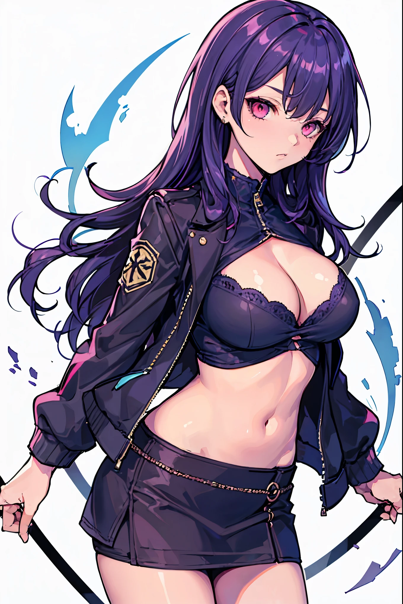 1girl, white background, red eyes, long hair, purple hair, bangs, jacket, crop top, mini skirt, large breasts, cleavage, soft stomach