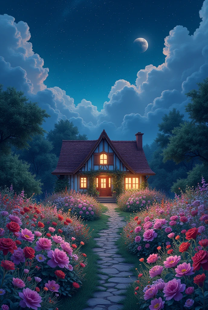 A house where there are many flowers around the sky will be night