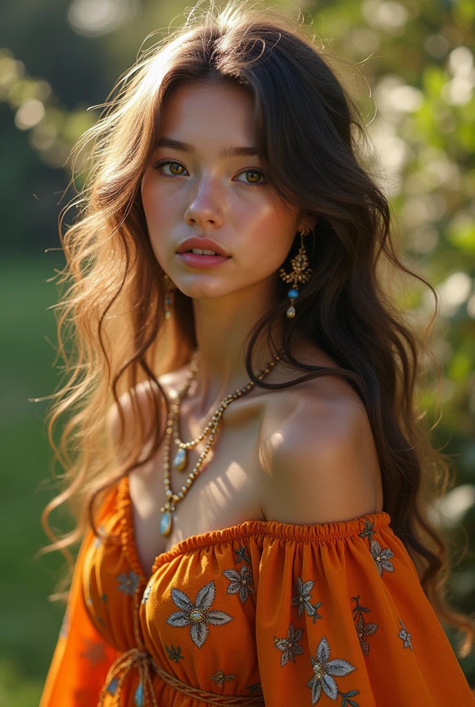 Beautiful girl with wavy long hair, bohemian dress, in saree without blouse, top, bikini