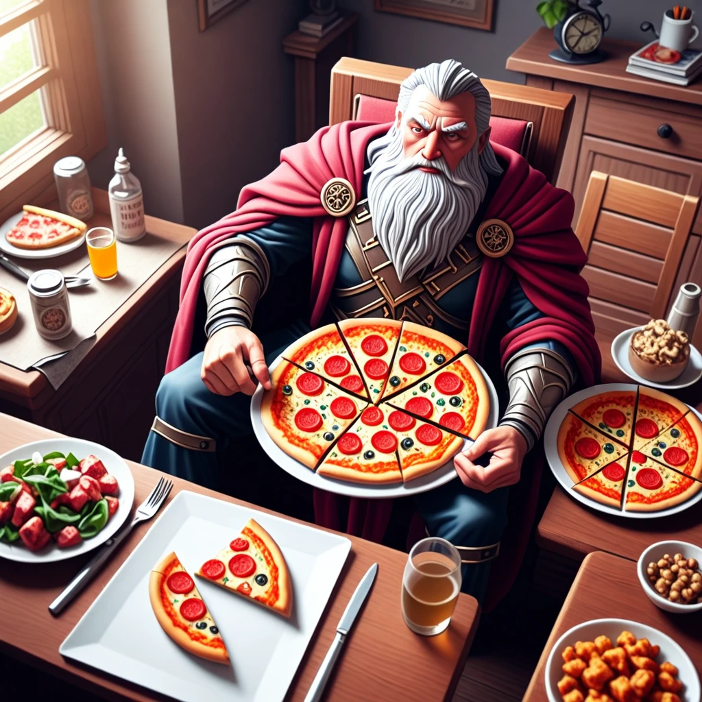 Odin the Allfather eating pizza, High angle shot, top down view