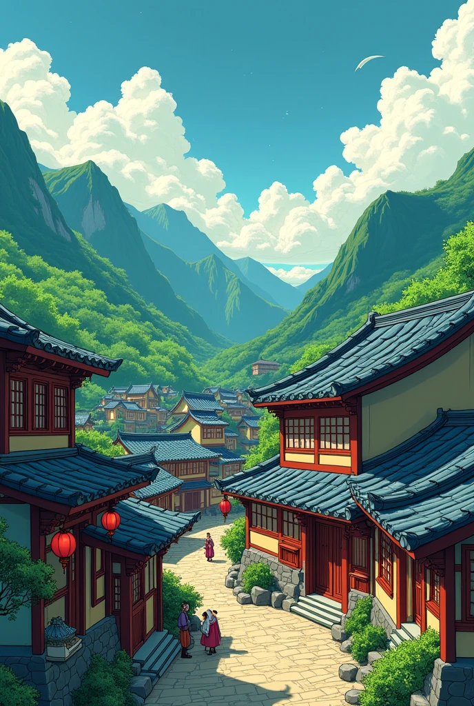 Create a dynamic and vivid comic-style illustration reminiscent of Hayao Miyazaki's distinctive style of an ancient village in China, with curved roof houses and surrounded by green mountains in the background. Show elements of Chinese culture, like red lanterns and figures of elders talking, while an aura of mysticism floats over the scene.