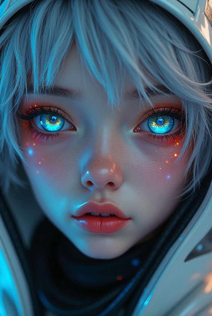 (Close-up of a better masterpiece:1.5)0.9], (Space and astronauts:1.2) (Messy silver hair:1.1) (Heterochromia xanthochromia and blue eyes:1.2) (Space Helmet:1.0) (Colored stars in the eyes:1.0) (A radiant glow:1.1) (thick lips:0.9)