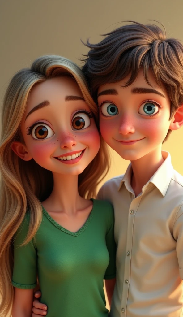 image of two , A girl with brown eyes, blusa verde, long brown hair with blonde highlights, smiling, along with a blue-eyed boy, short brown hair, white blouse. Pixar-style