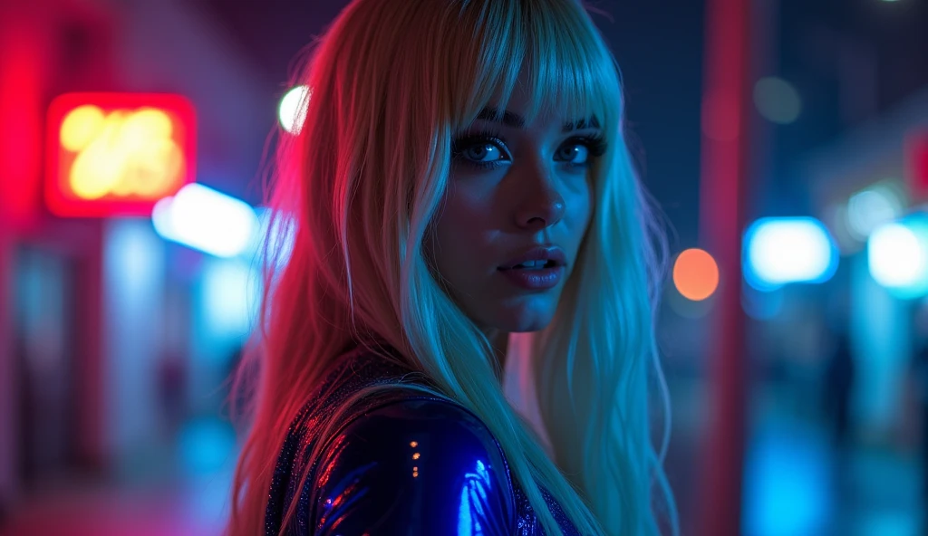((best quality)), ((masterpiece)), (detailed), ((background Cyber)), wet look, ((blond long Hair)), ((Intricate detailing, in the night time, Contre-Jour, random neon color, View from afar, random pose, blue latex bodysuit, face focus, hell picture, light face, big boobs)), (face brightly lit), ((full body view))