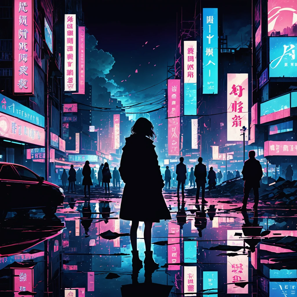 An evocative and dramatic scene of a city illuminated by neon lights at night, with a lone silhouette standing in contemplation. The background showcases elements of shattered dreams and lost battles, with fractured cityscapes and symbolic imagery of broken stories. The atmosphere is one of reflection and renewal, capturing the themes of lost love, strength in darkness, and the transition from past glory to new beginnings. The composition is both visually impactful and emotionally deep.