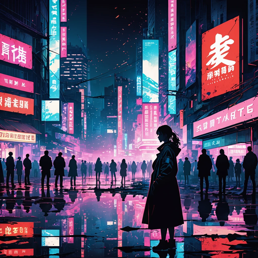 An evocative and dramatic scene of a city illuminated by neon lights at night, with a lone silhouette standing in contemplation. The background showcases elements of shattered dreams and lost battles, with fractured cityscapes and symbolic imagery of broken stories. The atmosphere is one of reflection and renewal, capturing the themes of lost love, strength in darkness, and the transition from past glory to new beginnings. The composition is both visually impactful and emotionally deep.