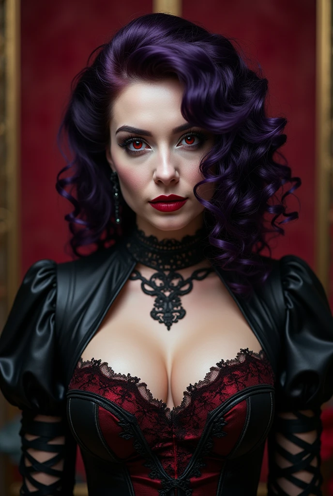 masterpiece, 45 year old mature woman, red pupils, gothic, zigzag curly hair that is marked from the roots to the ends, waist-length, to the match, dark purple color, sexy plunging black leather gothic dress with high detail, crimson corset with lace, intricately detailed background, gothic atmosphere, (HD, 8K Wallpaper, High resolution), prominent bust cup 38D, cinematic lighting, awarded, extremely detailed skin, Extra detailed face, high detail eyes, photorealistic, Zeiss 85 mm F/1.4, by Ellen von Unwerth