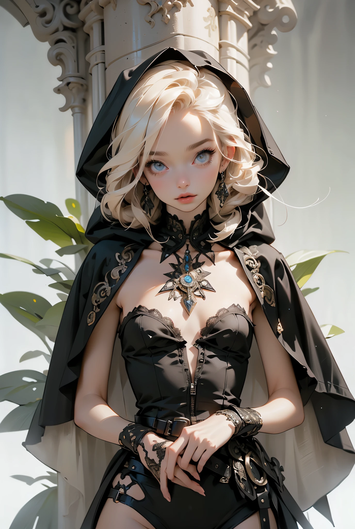 (((masterpiece, of the highest quality, super detailed))), (a witch belonging to an occult order of knights), (a knight crossed with a witch), Victorian era inspired, ((minimal but intricate beautiful armour)), Fluttering lace flared dress with frilly petticoats, ((nier automata meets bloodbourne)), ((((Highly detailed face))), (((Very sharp focused eyes))), very long eyelashes, small breasts, (((flat chest:1.1))), occult aesthetic, (red and white clothing detailed and intricate steampunk and detailed gothic), (with a hood), complex lace boots,