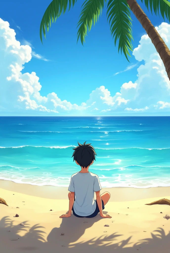 **Prompt:**
A tranquil summer scene on a serene beach. A young boy sits peacefully on warm, golden sand beneath the shade of a palm tree that sways gently in the breeze. Dressed in a simple white t-shirt, he faces away from the viewer, gazing out over the vast expanse of the sparkling blue sea. The ocean glistens under the bright, clear sunlight, with gentle waves creating a rhythmic, soothing motion. Above, the sky is a brilliant, cloudless azure, and the sun shines brightly, casting a golden glow across the entire scene. The beach is dotted with seashells and the occasional driftwood, adding to the idyllic coastal ambiance. The serene atmosphere and the boy’s reflective pose capture a deep sense of calm and contentment as he takes in the natural beauty of the summer day. Into hi pixel 2d japnese animation