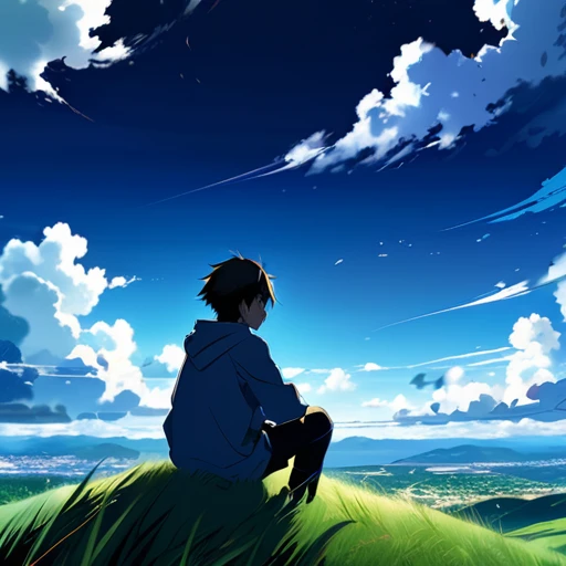 anime landscape of a boy sitting on a hill with grasses with dark blue clouds, blue cere sky with few clouds, anime nature wallpapers, beautiful anime scene, beautiful anime peace scene, Makoto Shinkai Cyril Rolando, beautiful scene of anime, amazing wallpaper, anime art wallpaper 8k, anime background, art anime background, anime 4k wallpaper, anime art 4k wallpaper, anime art 4k wallpaper,