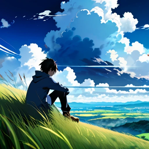 anime landscape of a boy sitting on a hill with grasses with dark blue clouds, blue cere sky with few clouds, anime nature wallpapers, beautiful anime scene, beautiful anime peace scene, Makoto Shinkai Cyril Rolando, beautiful scene of anime, amazing wallpaper, anime art wallpaper 8k, anime background, art anime background, anime 4k wallpaper, anime art 4k wallpaper, anime art 4k wallpaper,