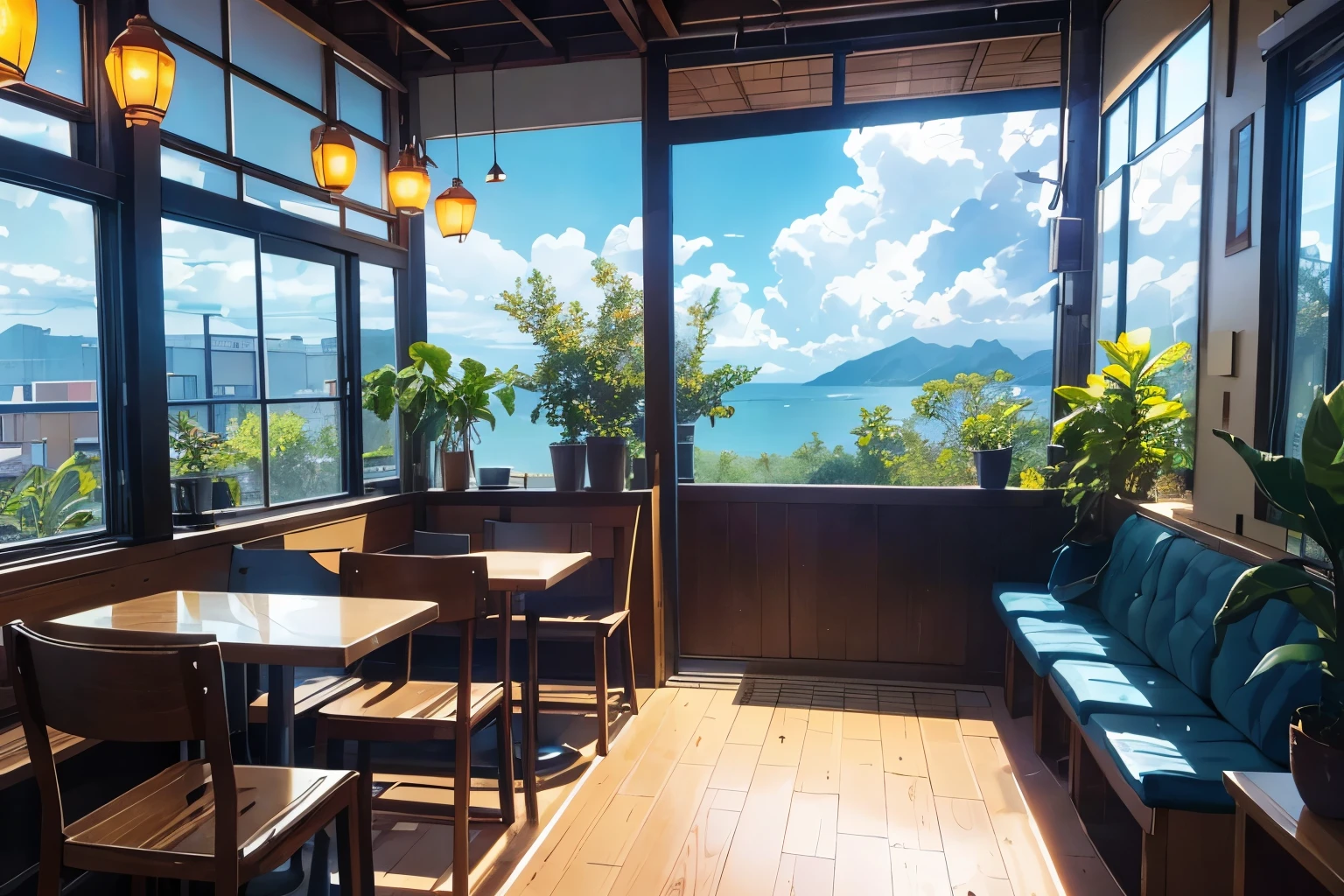 Perfect body,Full Arms,Full legs,Full face,small coffee shop,indoor,Outside view from the window,The ceiling is stained glass,indoorは涼しげ,There are many plants lined up,Outside the window is the road,guardrail,guardrailの向こうは海,The sky is clear,cumulonimbus