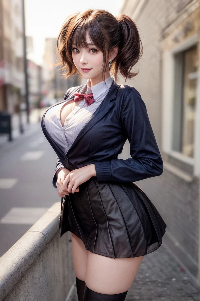 Kujikawa Def,Twin tails,school uniform,Seraph of the Black,Long sleeve,mini skirt,Knee socks,jewelry,Earrings,Are standing,
Highest quality, Very detailed, masterpiece, Absurd,8k, photoRealistic, Realistic,Detailed skin texture,Detailed pupil,High resolution,Natural light,
One girl,alone,(Happy:1.1),(smile:1.2),short hair,Brown Hair,(Angular face:1.2),Shining Face,Large Breasts, Tight waist, Lip Makeup,See-through shirt,underwear,