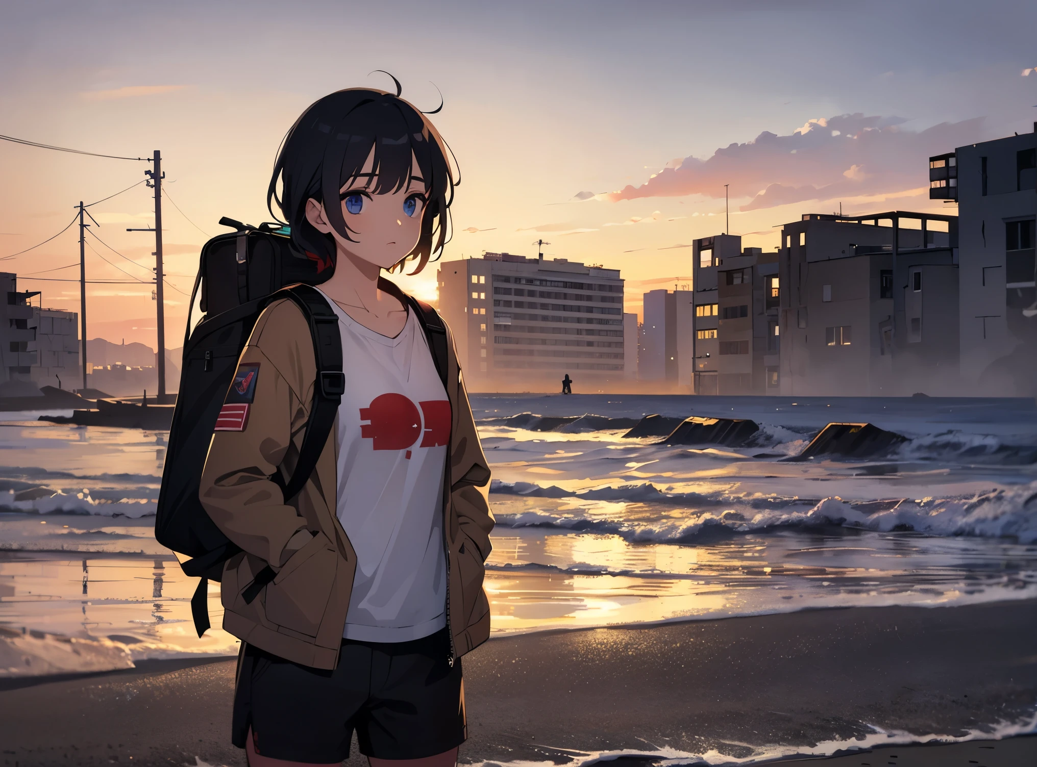 Girl on the coast, with a backpack on his back, from mine saia, hands in shirt pocket,background of a destroyed city.with several undead