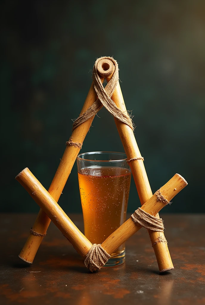 Create an image that represents the symbol of Freemasonry where the compass is made with the sugar cane leaf and the square is made with the sugar cane stem.. In the center there should be a glass of drink
