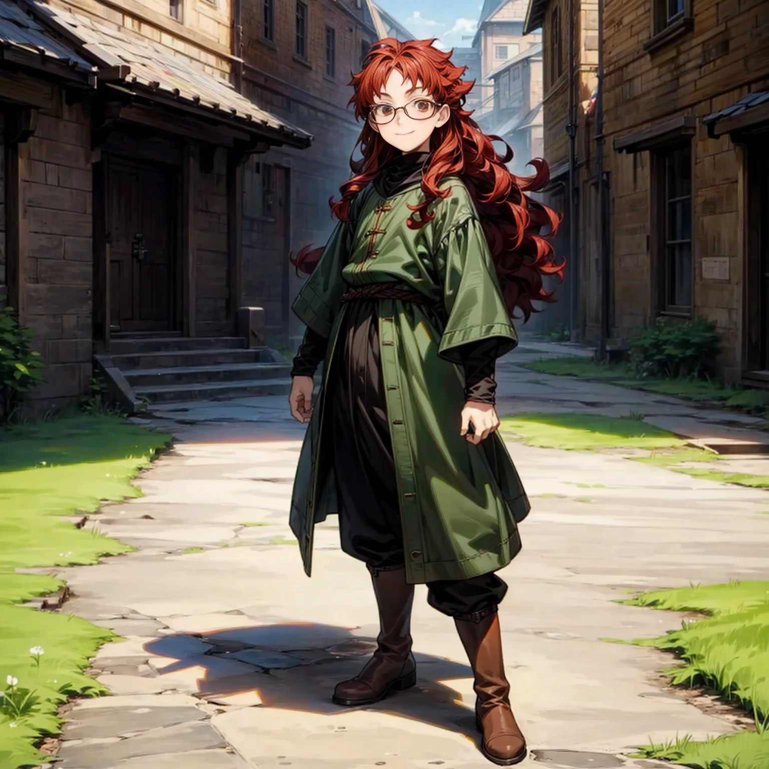 Solo character, full body version, kid boy, brown eyes, red color hair, long curly hair, glasses, casual clothing, black color clothing, boots, outdoor, village, medieval, morning, detailed background, detailed clothing, detailed hair, smile mouth, happy, (Hunter x Hunter style art), standing gesture 