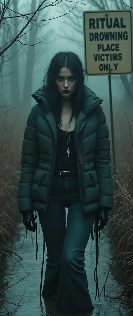 woman, sexy down jacket, information pointer "RITUAL DROWNING PLACE VICTIMS ONLY", flared jeans, stuck in bog, ritual hairdress,makeup.collar only