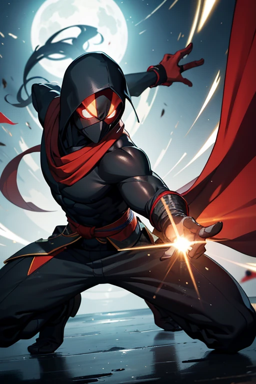 He wears a traditional ninja outfit, predominantly black, adorned with subtle red accents that symbolize the influence of the symbiote that accompanies him. The fabric is light and flexible, allowing him to move with impressive agility and utilize his combat skills with complete freedom. The nine tails that extend behind him swing gracefully, each movement reflecting his dexterity and power. His figure is that of an attractive young man, endowed with an athletic physique and fair skin that shines in the sunlight. His long, silky hair flows like water; usually black or deep brown, but reveals reddish or golden hues when illuminated by sunlight. To complement his elegant and agile appearance, he wears a light overcoat or kimono that flows around him as he moves, giving him a mystical and powerful aura. He has a red scarf that covers his face because of the influence of the symbiote.