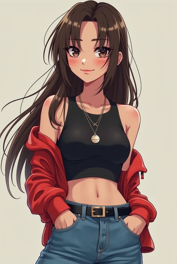 ((best quality, ultra-detailed, photorealistic: 1.39), bright and vibrant colors, studio lighting, romantic expression, An effeminate girl, with a delicate and beautiful face. She is a girl who reflects seductive beauty, sparkling eyes, extremely beautiful woman, a beautiful brunette woman, dark skin tanned with her white hair and symmetrical bangs, her large breasts seduce, her light pink eyes match her beautiful smile, wearing a k-pop style jacket, ripped denim shorts, with details on her clothes, on the street , graffiti wall, she poses as a seductive woman, she is in love, anime style, anime bishoujo