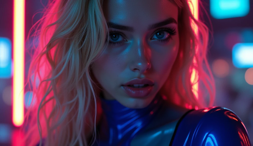 ((best quality)), ((masterpiece)), (detailed), ((background Cyber)), wet look, ((blond long Hair)), ((Intricate detailing, in the night time, Contre-Jour, random neon color, View from afar, random pose, blue latex bodysuit, face focus, hell picture, light face, big boobs)), (face brightly lit), ((full body view))