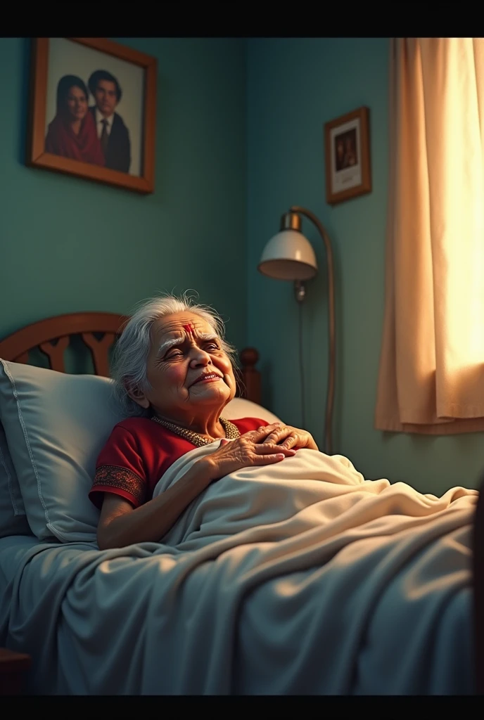 In cinematics 3D cartoon style "A scene showing Gauri Ba falling ill, lying on her bed with a worried look, clutching her chest, as she tries to gather the strength to call her sons one last time"