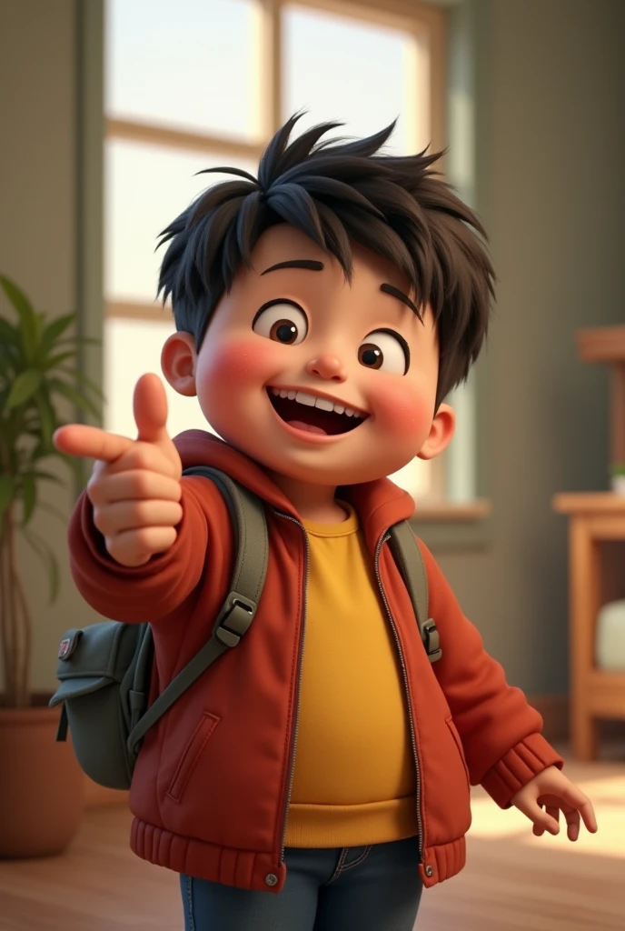 12 year old deaf fatty boy, light skin, dark short hair, smiling while pointing at something
