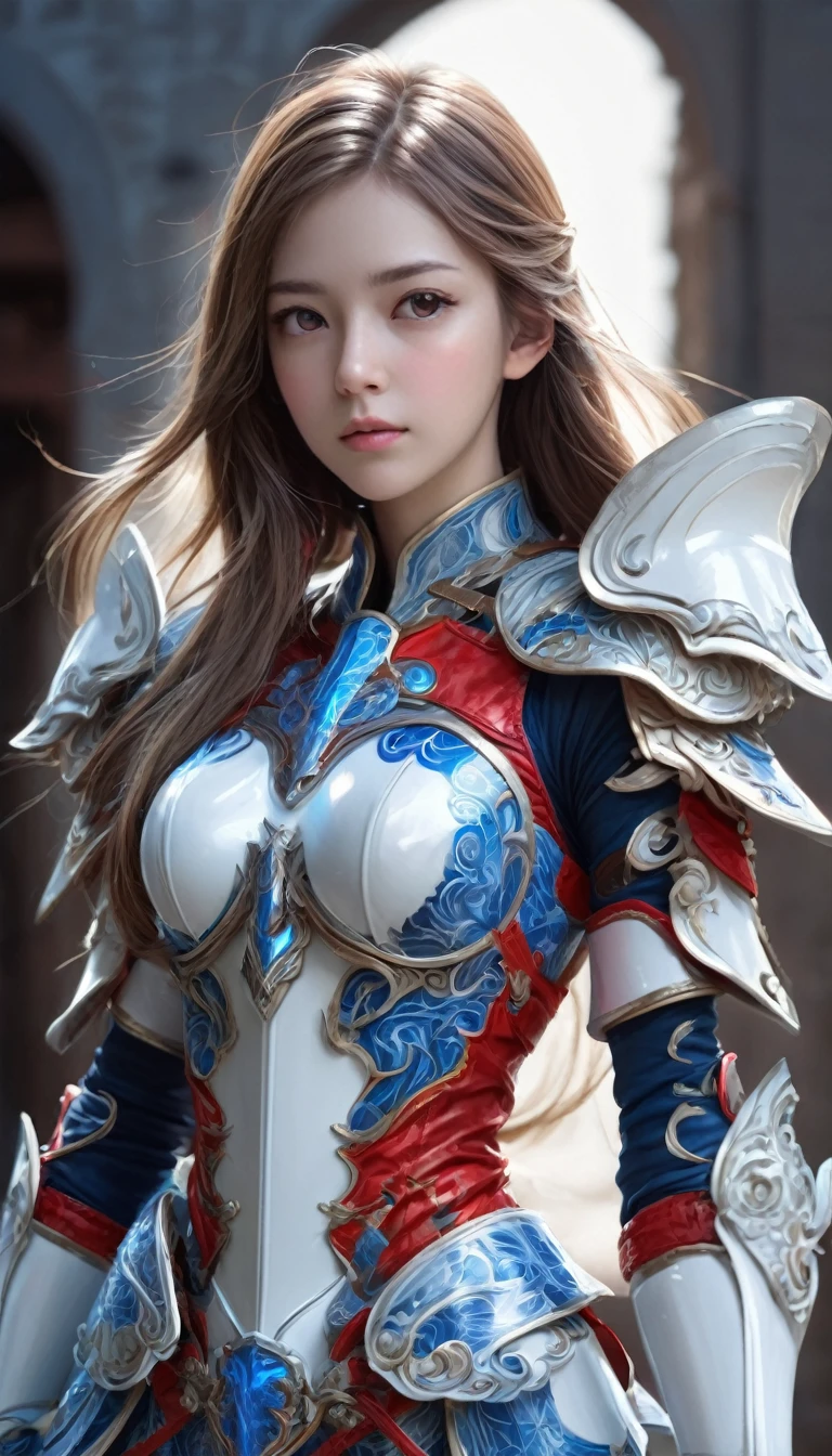 front_watch, Masterpiece, best quality, realistic, raw photos, (1 girl, looking at watcher), long hair, White armor, Complex armor, The pattern is a delicate blue line., Intricate patterns, Red metal parts, As for the details, dynamic gesture, Detailed background, dynamic light,